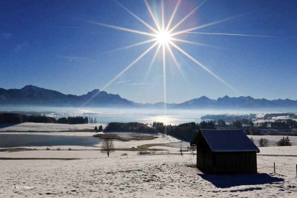 Forggensee im Winter: Traumhafter Blick beim Rundweg Richtung Berge